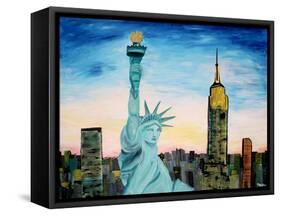 Statue of Liberty with view of NEW YORK-Martina Bleichner-Framed Stretched Canvas