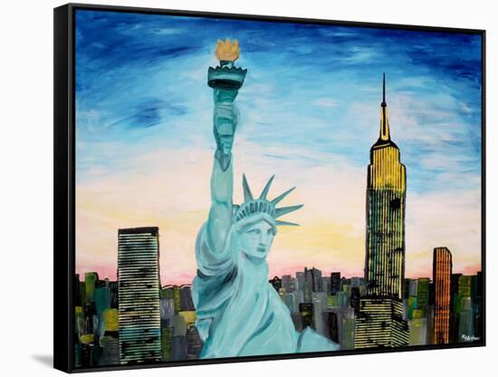 Statue of Liberty with view of NEW YORK-Martina Bleichner-Framed Stretched Canvas