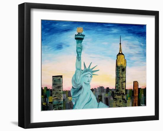 Statue of Liberty with view of NEW YORK-Martina Bleichner-Framed Art Print