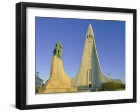 Statue of Liefur Eiriksson and the Hallgrimskikja Church, Reykjavik, Iceland, Polar Regions-Simon Harris-Framed Photographic Print