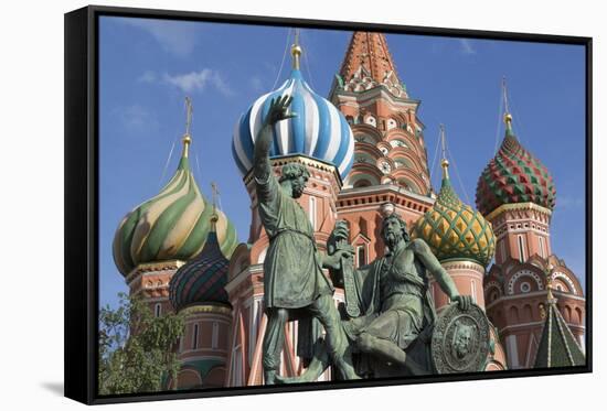 Statue of Minin and Pozharskiy and the Onion Domes of St. Basil's Cathedral in Red Square-Martin Child-Framed Stretched Canvas