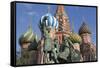 Statue of Minin and Pozharskiy and the Onion Domes of St. Basil's Cathedral in Red Square-Martin Child-Framed Stretched Canvas