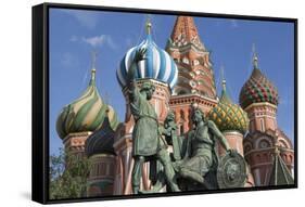 Statue of Minin and Pozharskiy and the Onion Domes of St. Basil's Cathedral in Red Square-Martin Child-Framed Stretched Canvas
