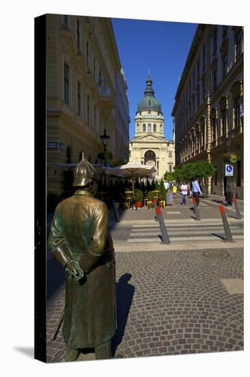 Statue of Policeman with St. Stephen's Basilica, Budapest, Hungary, Europe-Neil Farrin-Stretched Canvas