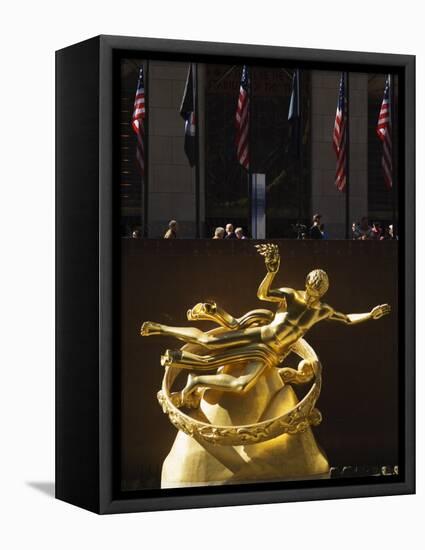 Statue of Prometheus in the Plaza of the Rockefeller Center, Manhattan, New York City, USA-Amanda Hall-Framed Stretched Canvas