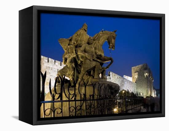 Statue of Saladin Stands in Front of the Citadel, Damascus, Syria-Julian Love-Framed Stretched Canvas