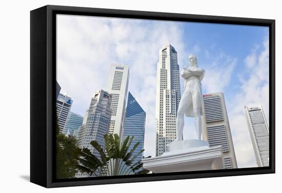 Statue of Sir Stamford Raffles and Skyline, Singapore, Southeast Asia-Peter Adams-Framed Stretched Canvas