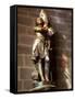Statue of St. Joan of Arc with Coloured Light from Stained Glass, Church of Notre Dame, Vitre, Brit-Nick Servian-Framed Stretched Canvas