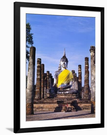 Statue of the Buddha with Religious Offerings, Wat Mahathat, Sukothai, Thailand-Adina Tovy-Framed Premium Photographic Print