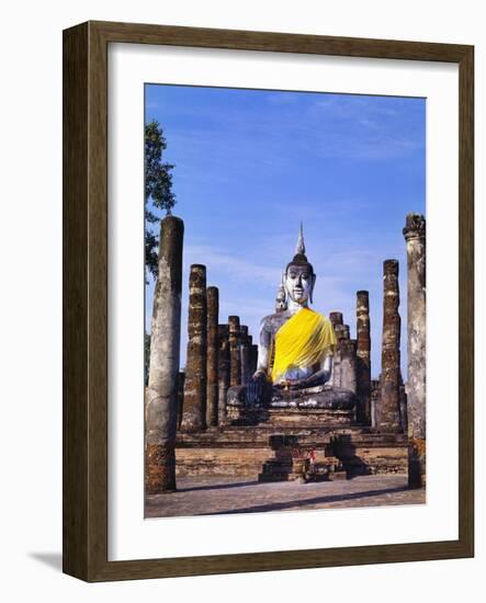 Statue of the Buddha with Religious Offerings, Wat Mahathat, Sukothai, Thailand-Adina Tovy-Framed Photographic Print