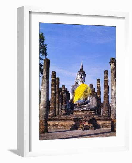 Statue of the Buddha with Religious Offerings, Wat Mahathat, Sukothai, Thailand-Adina Tovy-Framed Photographic Print