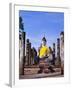 Statue of the Buddha with Religious Offerings, Wat Mahathat, Sukothai, Thailand-Adina Tovy-Framed Photographic Print