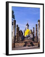 Statue of the Buddha with Religious Offerings, Wat Mahathat, Sukothai, Thailand-Adina Tovy-Framed Photographic Print