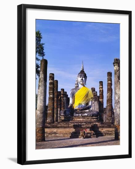 Statue of the Buddha with Religious Offerings, Wat Mahathat, Sukothai, Thailand-Adina Tovy-Framed Photographic Print