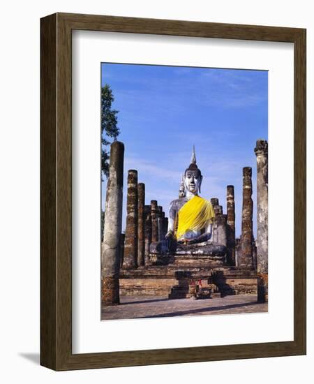 Statue of the Buddha with Religious Offerings, Wat Mahathat, Sukothai, Thailand-Adina Tovy-Framed Photographic Print