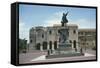 Statue on a Pedestal in Front of a Cathedral-null-Framed Stretched Canvas