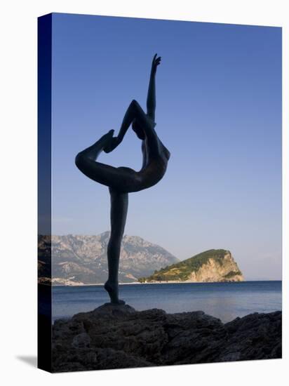 Statue Sillhouetted Against St. Nikola Island, Budva, Montenegro, Balkans, Europe-Gavin Hellier-Stretched Canvas