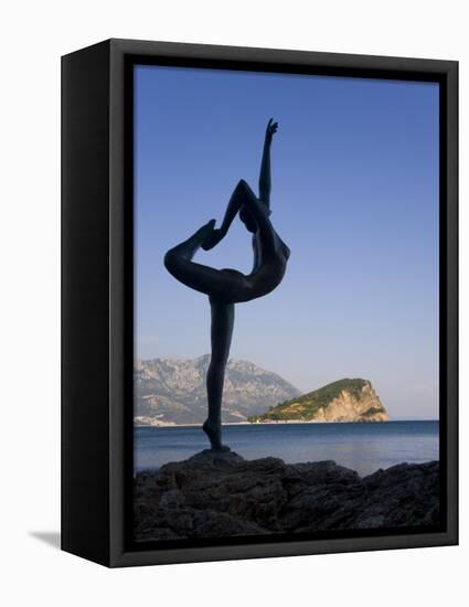 Statue Sillhouetted Against St. Nikola Island, Budva, Montenegro, Balkans, Europe-Gavin Hellier-Framed Stretched Canvas