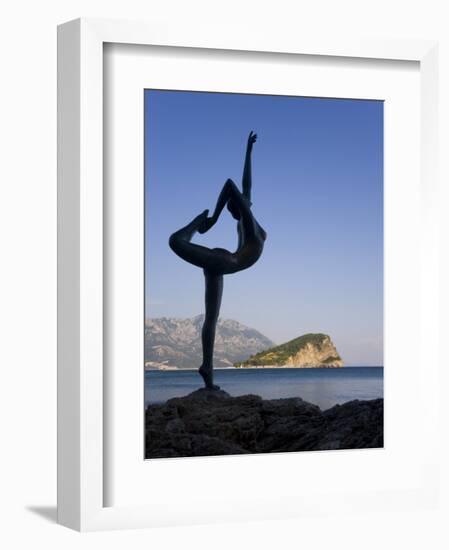 Statue Sillhouetted Against St. Nikola Island, Budva, Montenegro, Balkans, Europe-Gavin Hellier-Framed Photographic Print