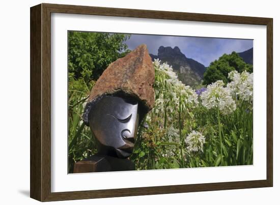 Statue with Agapanthus and Table Mountain Behind-Eleanor-Framed Photographic Print