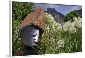 Statue with Agapanthus and Table Mountain Behind-Eleanor-Framed Photographic Print