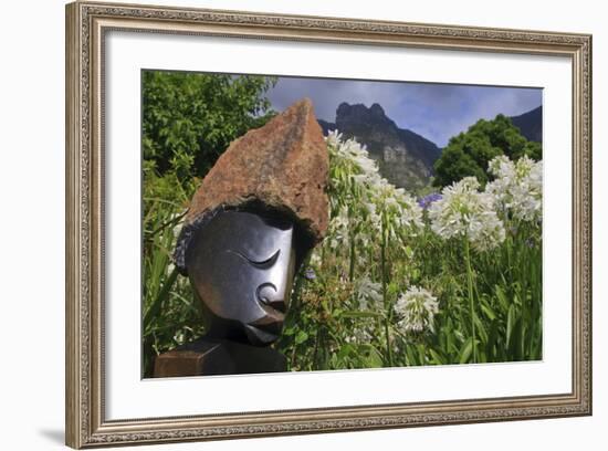 Statue with Agapanthus and Table Mountain Behind-Eleanor-Framed Photographic Print