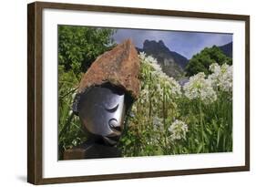 Statue with Agapanthus and Table Mountain Behind-Eleanor-Framed Photographic Print