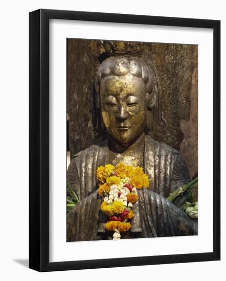 Statue with Offering of Marigold Flowers, Emerald Buddha Temple, Bangkok, Thailand, Southeast Asia-Alain Evrard-Framed Photographic Print