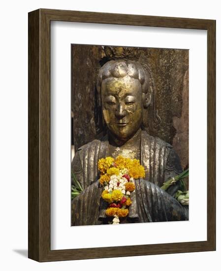 Statue with Offering of Marigold Flowers, Emerald Buddha Temple, Bangkok, Thailand, Southeast Asia-Alain Evrard-Framed Photographic Print