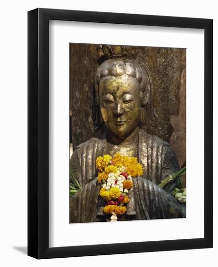 Statue with Offering of Marigold Flowers, Emerald Buddha Temple, Bangkok, Thailand, Southeast Asia-Alain Evrard-Framed Photographic Print