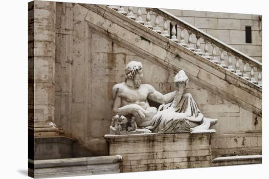 Statues in Campidoglio Square under Snow-Alessandro0770-Stretched Canvas