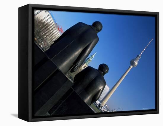 Statues of Marx and Engels, with TV Tower or Fernsehturm Beyond, Berlin, Germany-Gavin Hellier-Framed Stretched Canvas