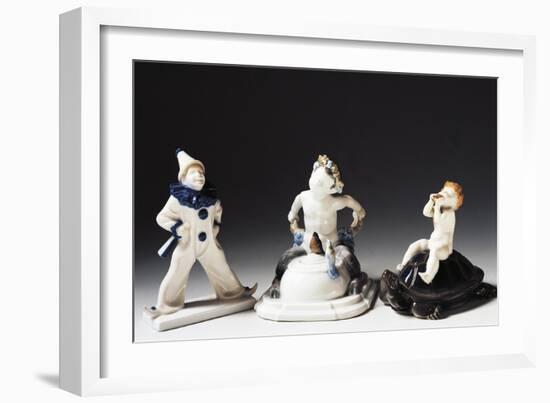 Statuettes of Bacchus, Pierrot and Putto, Ceramic-null-Framed Giclee Print