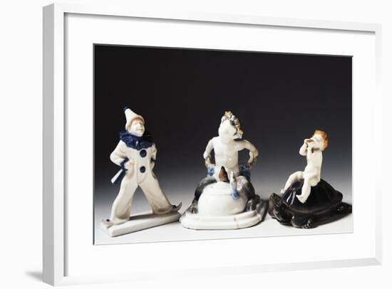 Statuettes of Bacchus, Pierrot and Putto, Ceramic-null-Framed Giclee Print