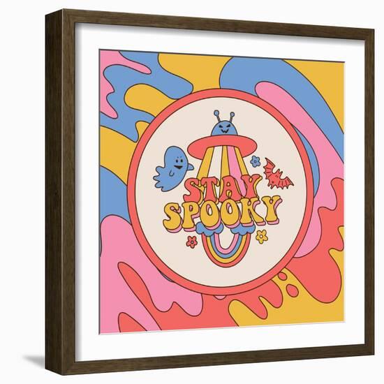 Stay Spooky Funny Halloween Card with Text Quote on Retro Wavy Sublimation Background. Typography D-Svetlana Shamshurina-Framed Photographic Print