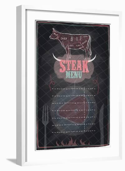 Steak Menu Chalkboard Design with Cow Steak Diagram-Selenka-Framed Art Print