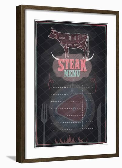 Steak Menu Chalkboard Design with Cow Steak Diagram-Selenka-Framed Art Print