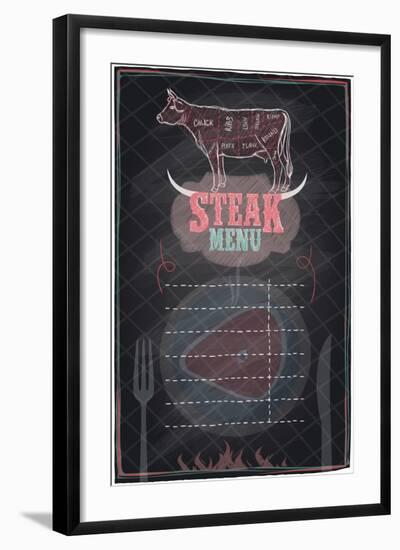 Steak Menu Chalkboard Design with Cow Steak Diagram-Selenka-Framed Art Print