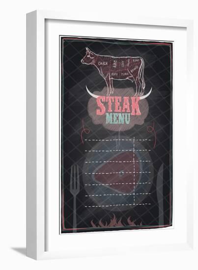 Steak Menu Chalkboard Design with Cow Steak Diagram-Selenka-Framed Art Print