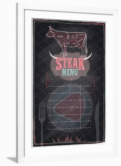 Steak Menu Chalkboard Design with Cow Steak Diagram-Selenka-Framed Art Print