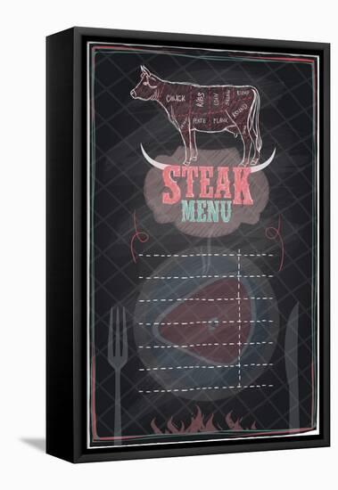 Steak Menu Chalkboard Design with Cow Steak Diagram-Selenka-Framed Stretched Canvas