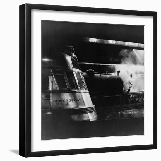 Steam and Diesel Engine at the Union Station, Chicago, c.1943-Jack Delano-Framed Photo