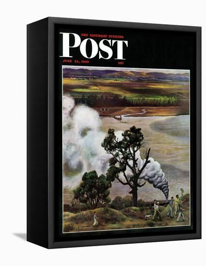 "Steam Engine Along the Missouri," Saturday Evening Post Cover, June 22, 1946-John Falter-Framed Stretched Canvas