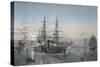 Steam Frigate in Port of Valletta (Malta), Nighttime, Color Lithograph by Lebreton, 19th Century-null-Stretched Canvas