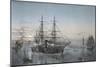 Steam Frigate in Port of Valletta (Malta), Nighttime, Color Lithograph by Lebreton, 19th Century-null-Mounted Giclee Print