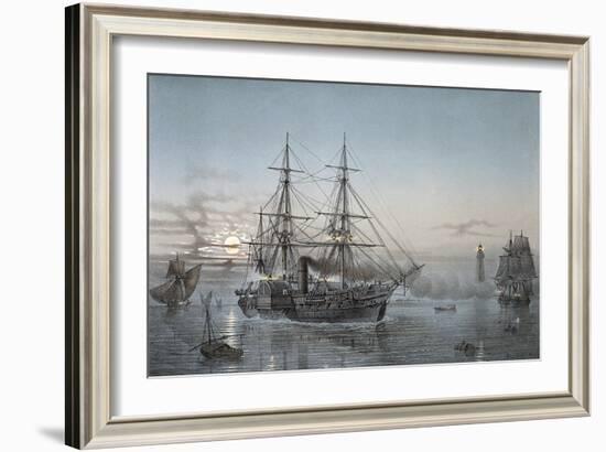 Steam Frigate in Port of Valletta (Malta), Nighttime, Color Lithograph by Lebreton, 19th Century-null-Framed Giclee Print