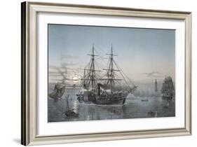 Steam Frigate in Port of Valletta (Malta), Nighttime, Color Lithograph by Lebreton, 19th Century-null-Framed Giclee Print