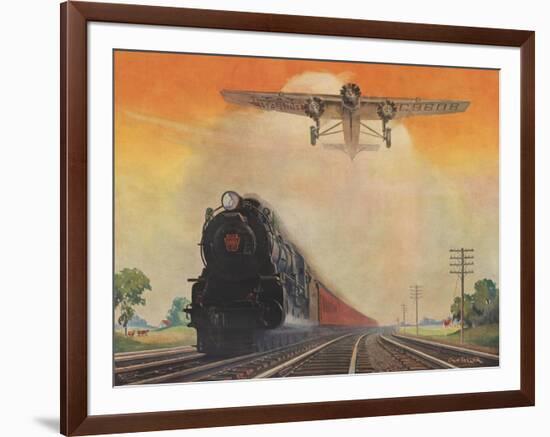 Steam Powered Locomotive and Ford Tri-Motor Airplane Speeding Through in Rural Landscape-null-Framed Art Print