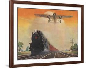 Steam Powered Locomotive and Ford Tri-Motor Airplane Speeding Through in Rural Landscape-null-Framed Art Print