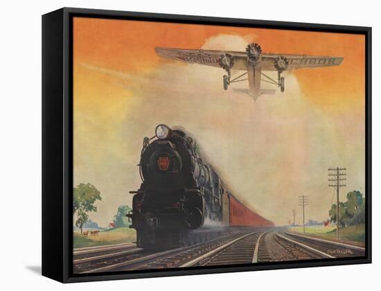 Steam Powered Locomotive and Ford Tri-Motor Airplane Speeding Through in Rural Landscape-null-Framed Stretched Canvas